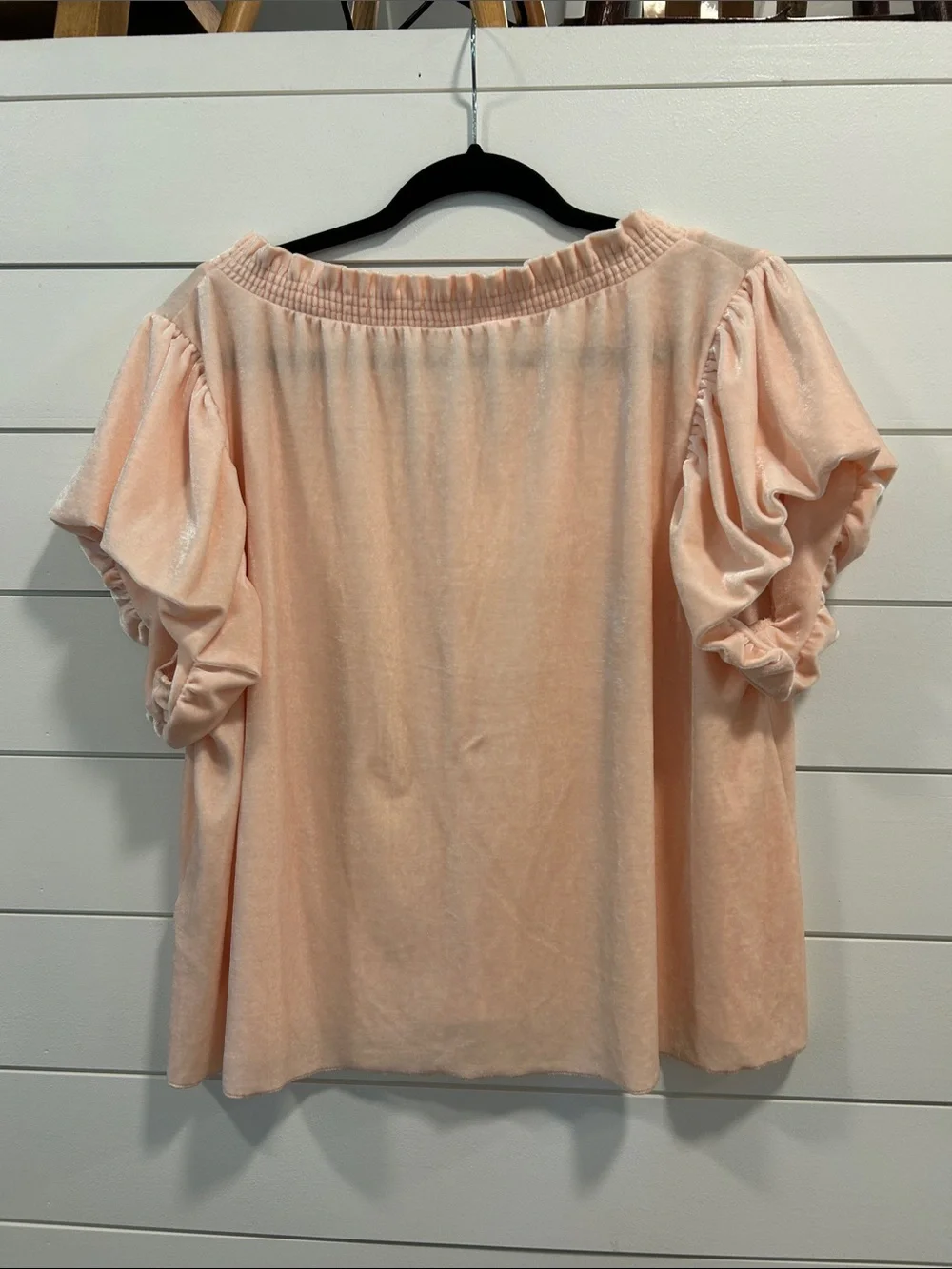 Free people Peach Velvet Ruffle Tie Neck Puff Sleeve Top